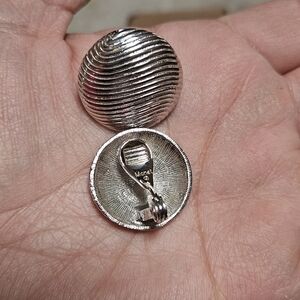 Silver Textured Clip-On Earrings - Ribbed Dome Design